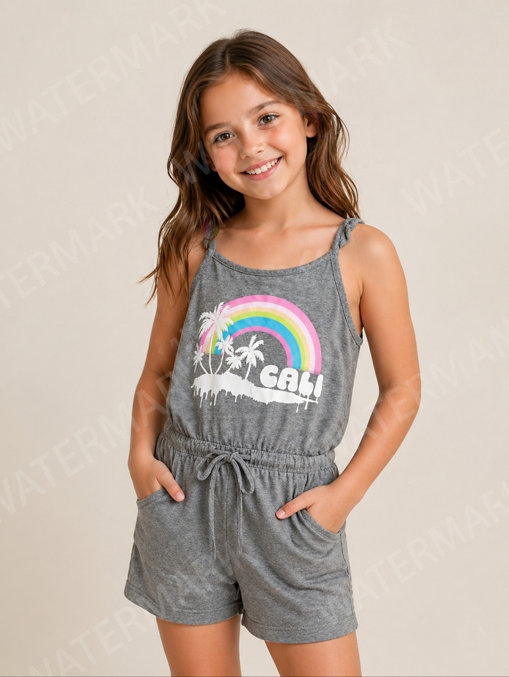 Justice Gray Tank Romper with Rainbow Palm Graphic With Pockets